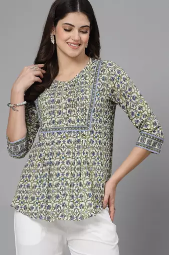 Tea green floral print pintucks top with round neck and button closure