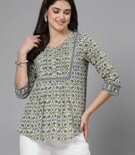 Tea green floral print pintucks top with round neck and button closure