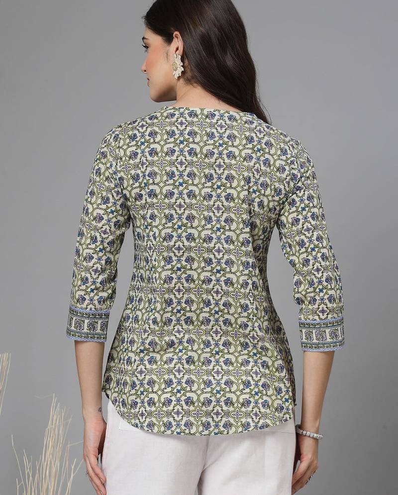 Tea green floral print pintucks top with round neck and button closure