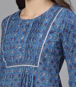 Royal blue floral print pintucks top with round neck and button closure