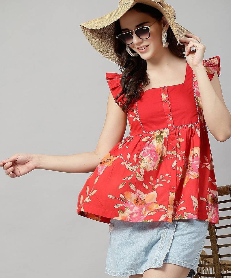 Printed flutter sleeve top
