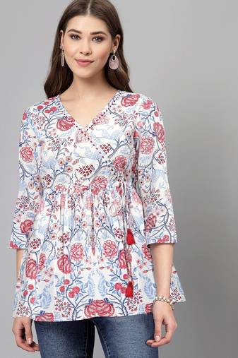 White and red ethnic floral printed top