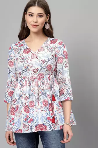 White and red ethnic floral printed top