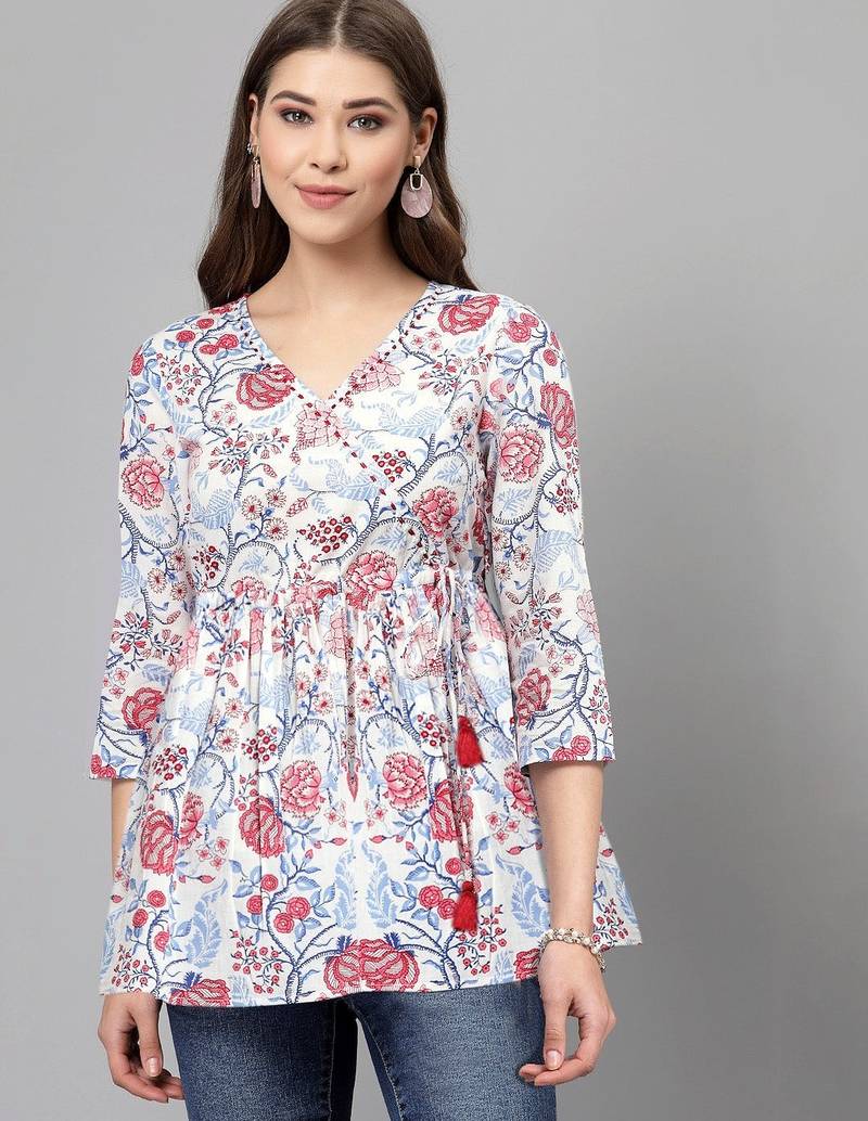 White and red ethnic floral printed top