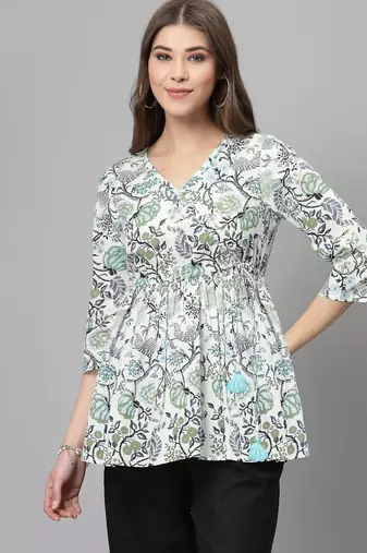 White and black ethnic floral printed top