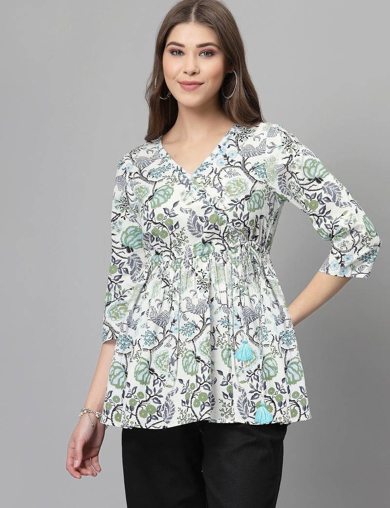 White and black ethnic floral printed top