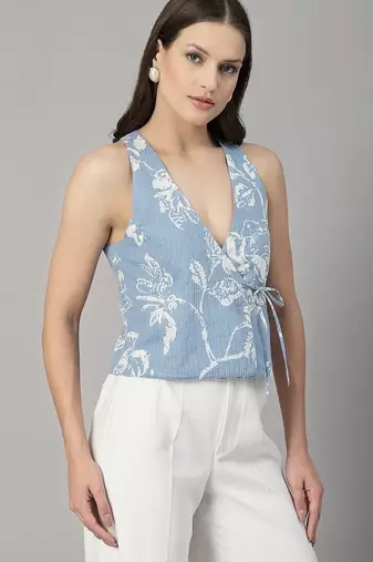 Light blue floral printed wrap top