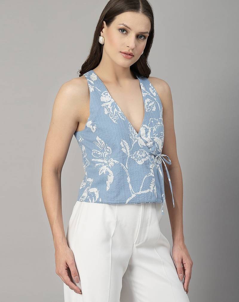 Light blue floral printed wrap top