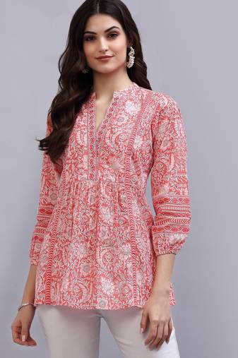 Coral floral printed a-line top