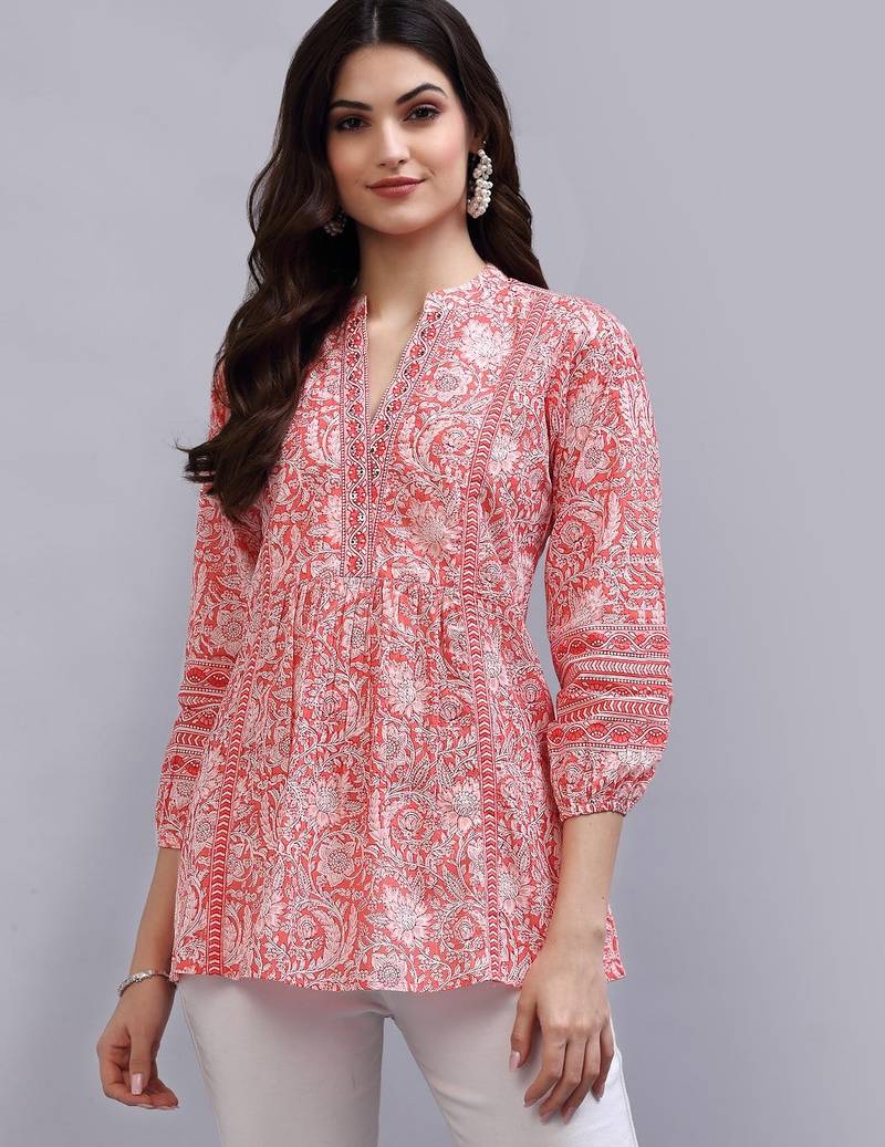 Coral floral printed a-line top