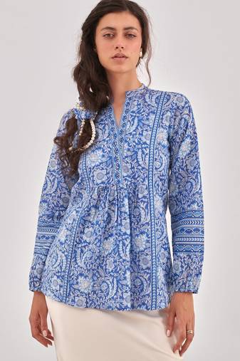 Blue floral printed a-line top