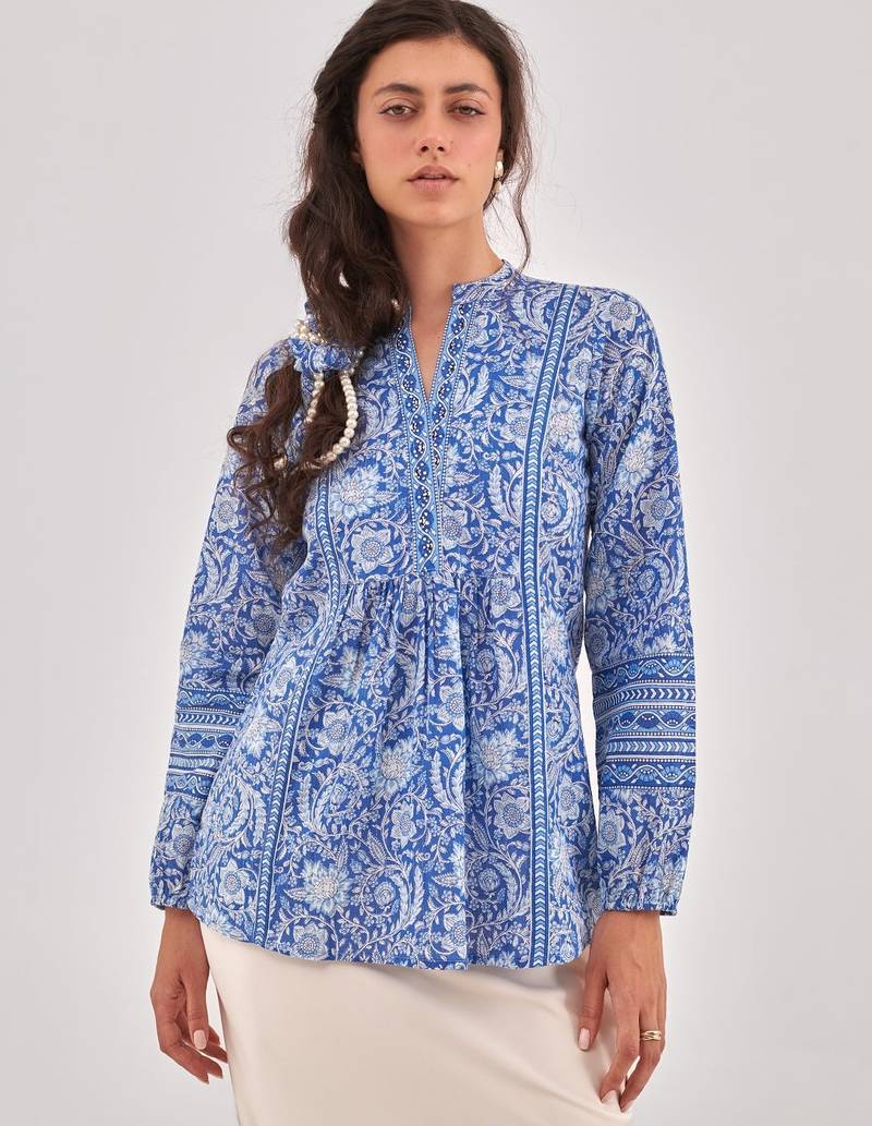 Blue floral printed a-line top