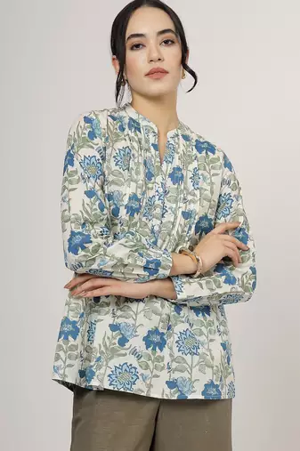 Blue floral cotton top with mandarin collar