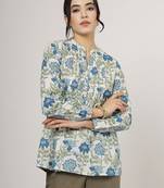Blue floral cotton top with mandarin collar