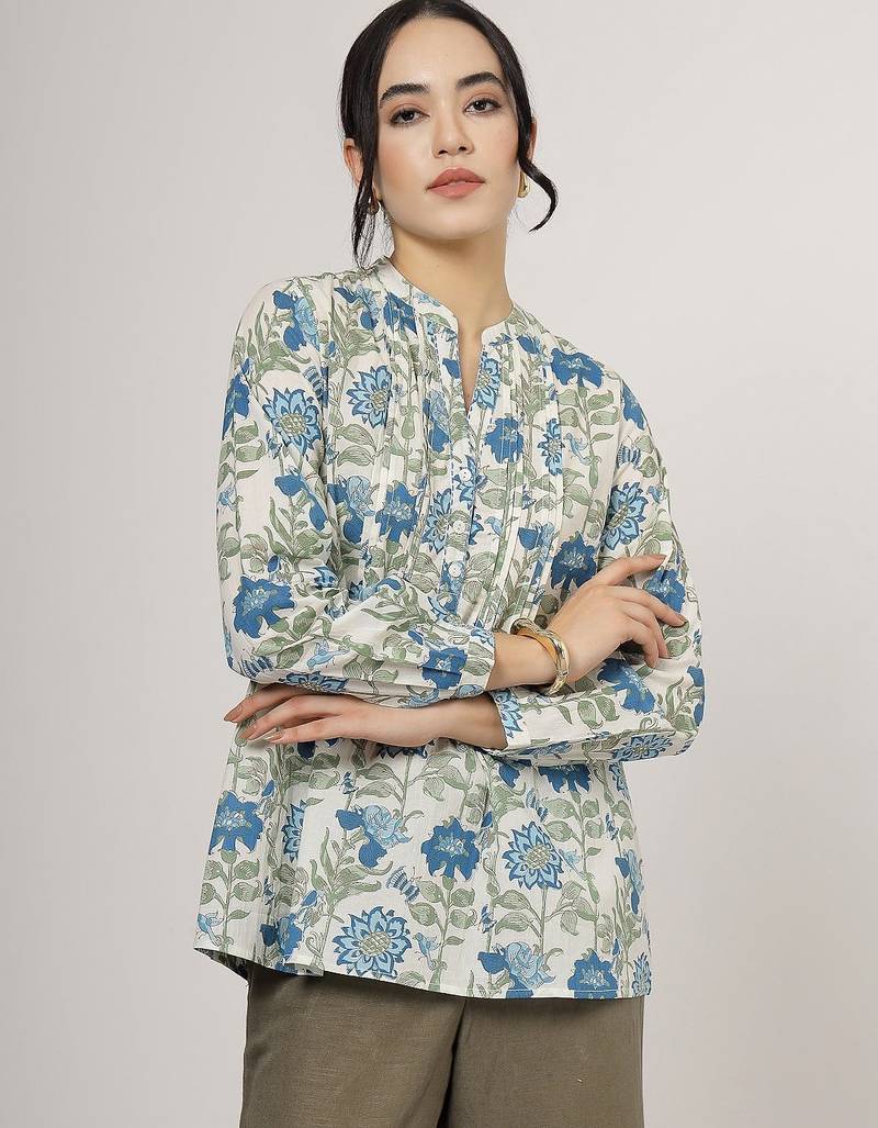 Blue floral cotton top with mandarin collar