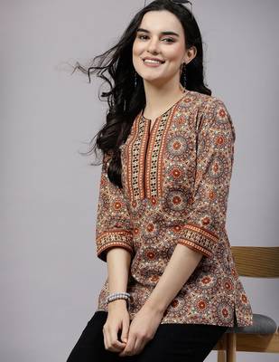 Rust printed top with sequin yoke 1