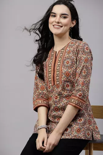 Rust printed top with sequin yoke