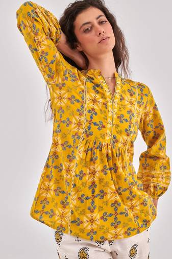 Mustard floral printed a-line top