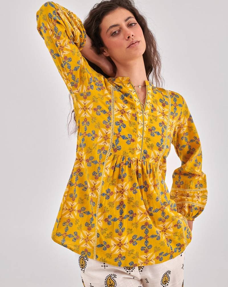 Mustard floral printed a-line top