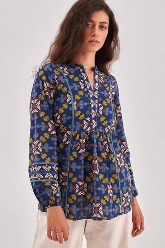Navy blue floral printed a-line top