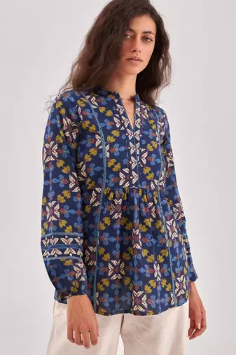 Navy blue floral printed a-line top