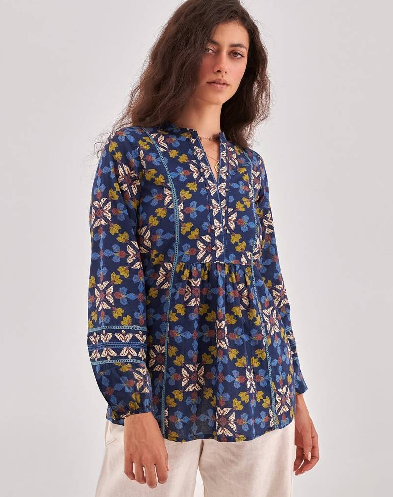 Navy blue floral printed a-line top