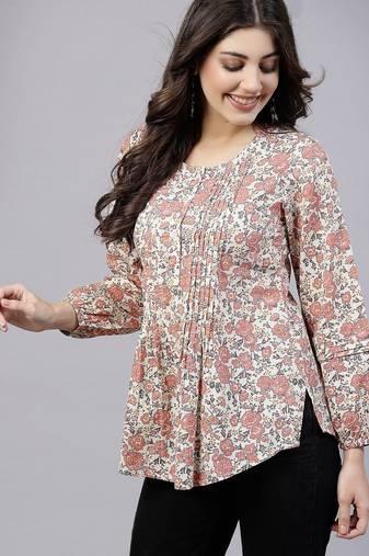 Peach ditsy print top with pintucks & button closure