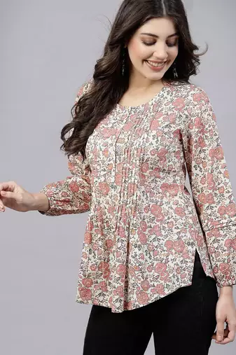 Peach ditsy print top with pintucks & button closure