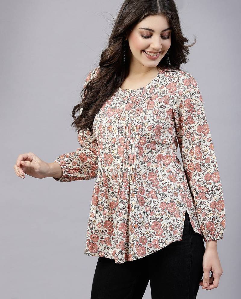 Peach ditsy print top with pintucks & button closure