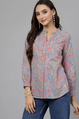 Mauve floral printed shirt style top with ruffles & katha