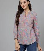 Mauve floral printed shirt style top with ruffles & katha