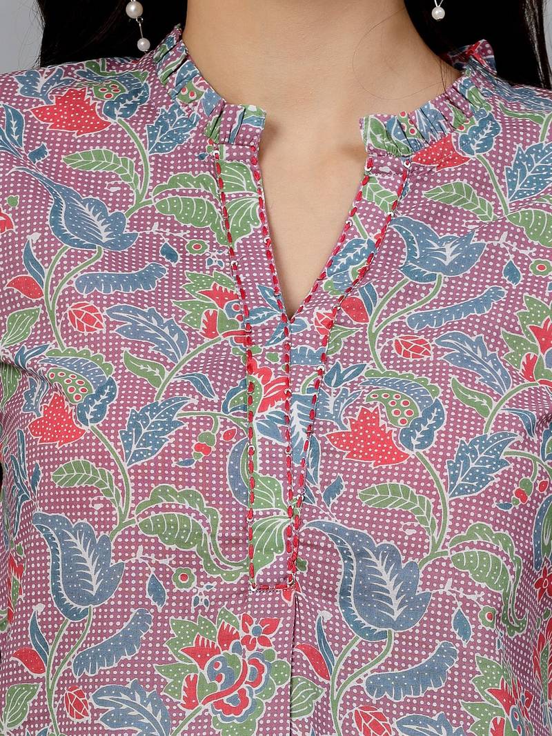 Mauve floral printed shirt style top with ruffles & katha