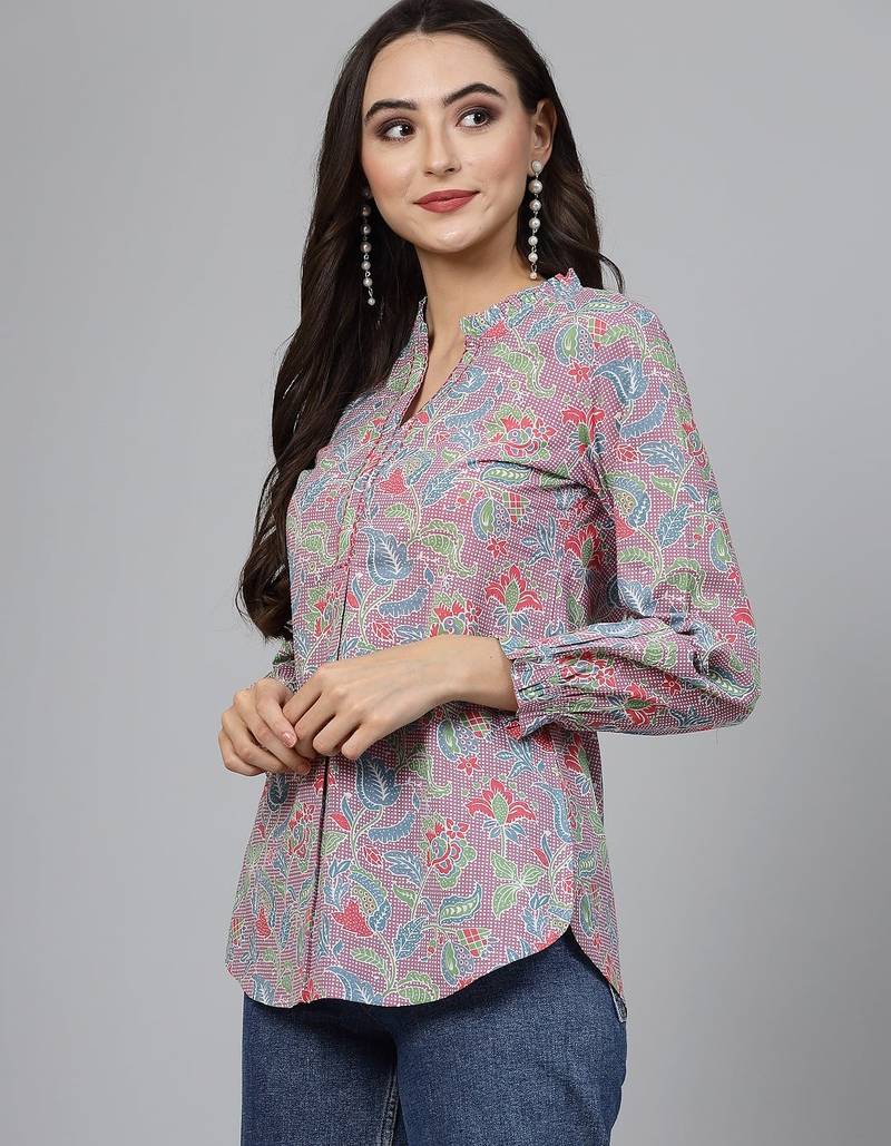 Mauve floral printed shirt style top with ruffles & katha
