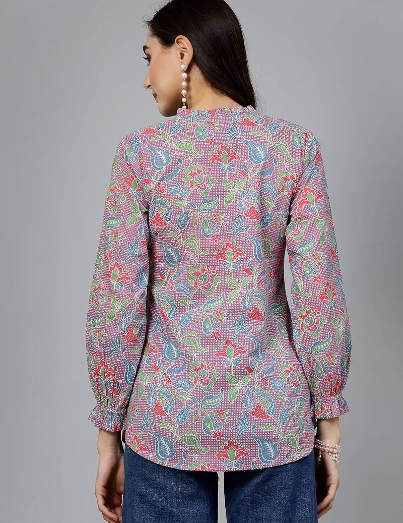 Mauve floral printed shirt style top with ruffles & katha
