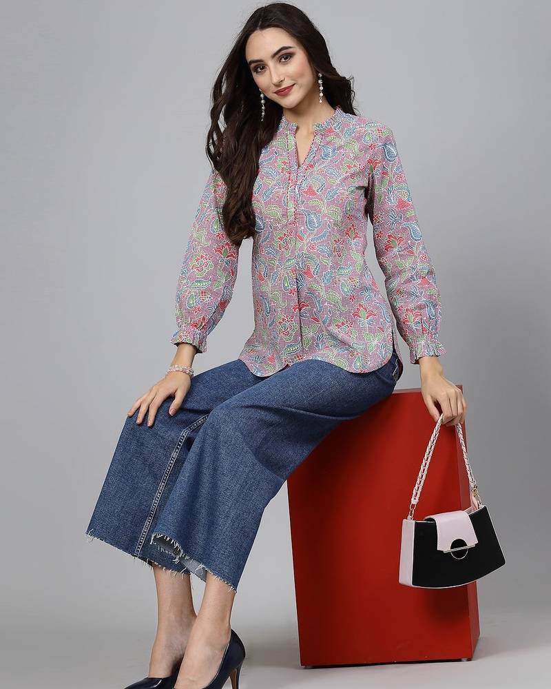 Mauve floral printed shirt style top with ruffles & katha