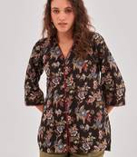 Floral print cotton shirt style top with lace inserts & button closure
