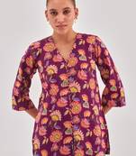 Floral print cotton shirt style top with flared sleeves & button closure