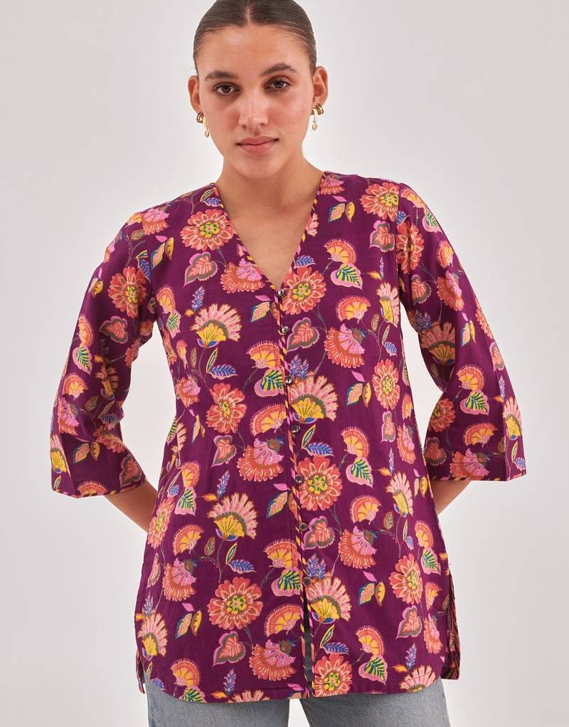 Floral print cotton shirt style top with flared sleeves & button closure