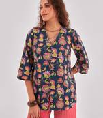 Floral print cotton shirt style top with flared sleeves & button closure