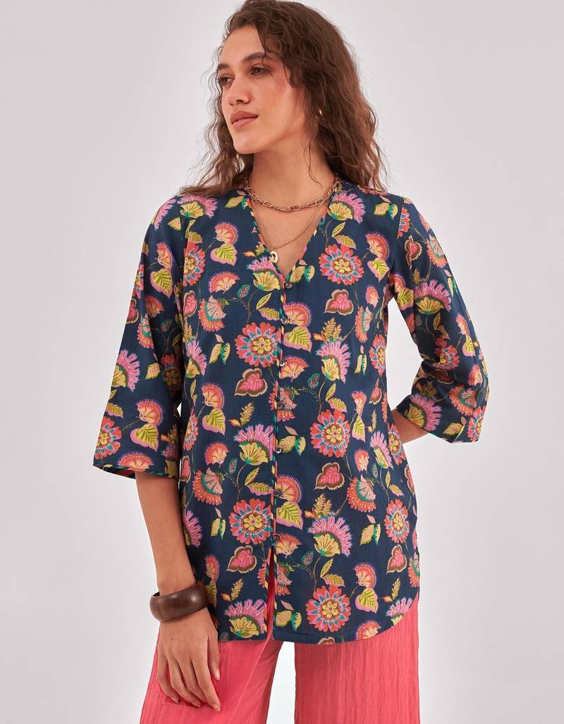 Floral print cotton shirt style top with flared sleeves & button closure