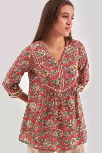 Red floral printed top with adda work and v neck