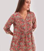 Red floral printed top with adda work and v neck