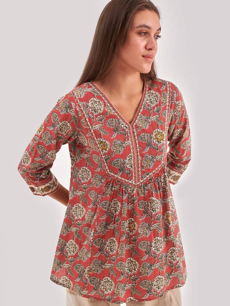 Red floral printed top with adda work and v neck