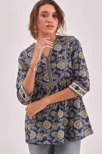 Blue floral printed top with adda work & v neck