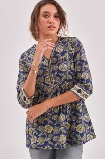Blue floral printed top with adda work & v neck