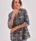 Blue floral printed top with adda work & v neck