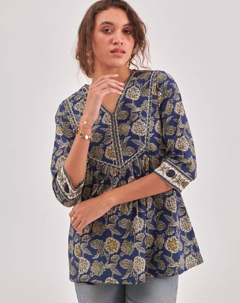Blue floral printed top with adda work & v neck