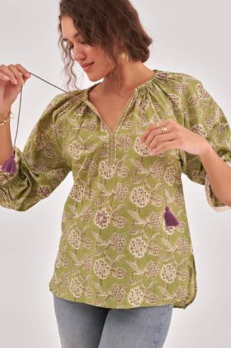 Fern green floral print puff sleeve cotton top with lace inserts, tie up neck & side slits