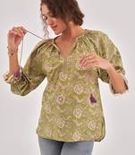 Fern green floral print puff sleeve cotton top with lace inserts, tie up neck & side slits