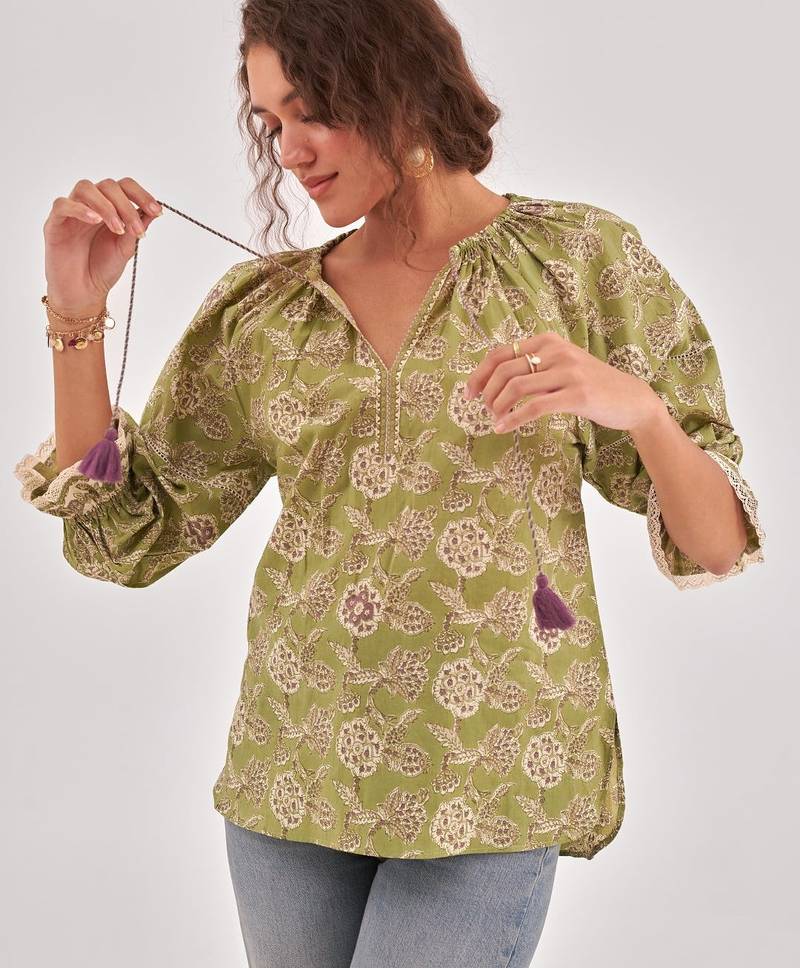 Fern green floral print puff sleeve cotton top with lace inserts, tie up neck & side slits